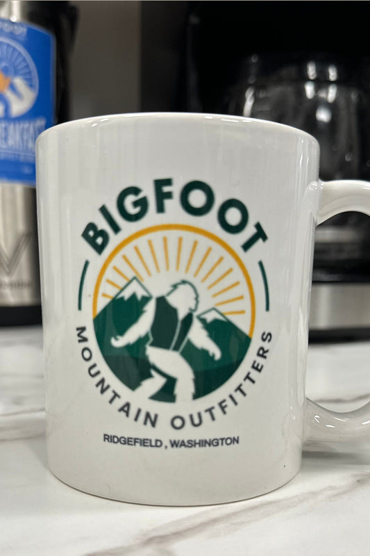 Bigfoot Mountain Outfitters ceramic logo coffee mug for morning coffee at home, the office or the cabin, a great gift for Pacific Northwest locals and Bigfoot fans