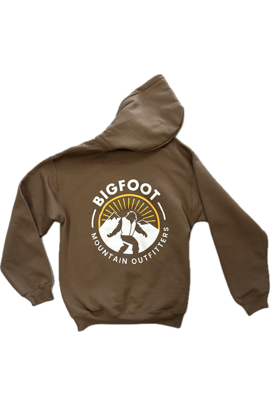 Bigfoot Mountain Outfitters original hoodie in Brown, a cozy pullover for all your adventures in the Pacific Northwest, from campfires and hikes to game days and rainy weekends