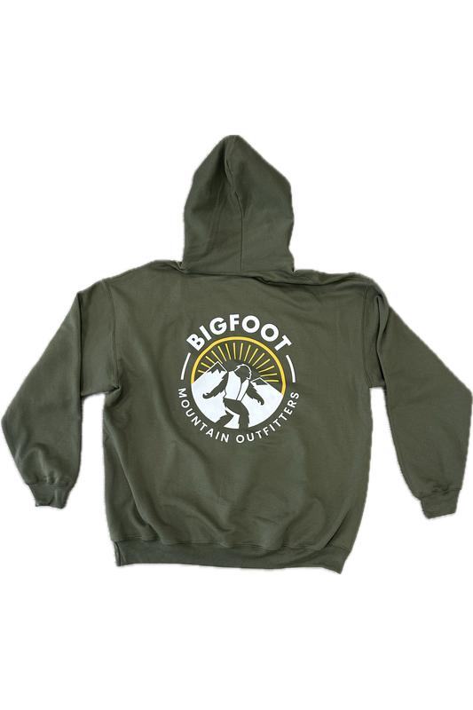Bigfoot Mountain Outfitters original hoodie in Green, a cozy pullover for all your adventures in the Pacific Northwest, from campfires and hikes to game days and rainy weekends