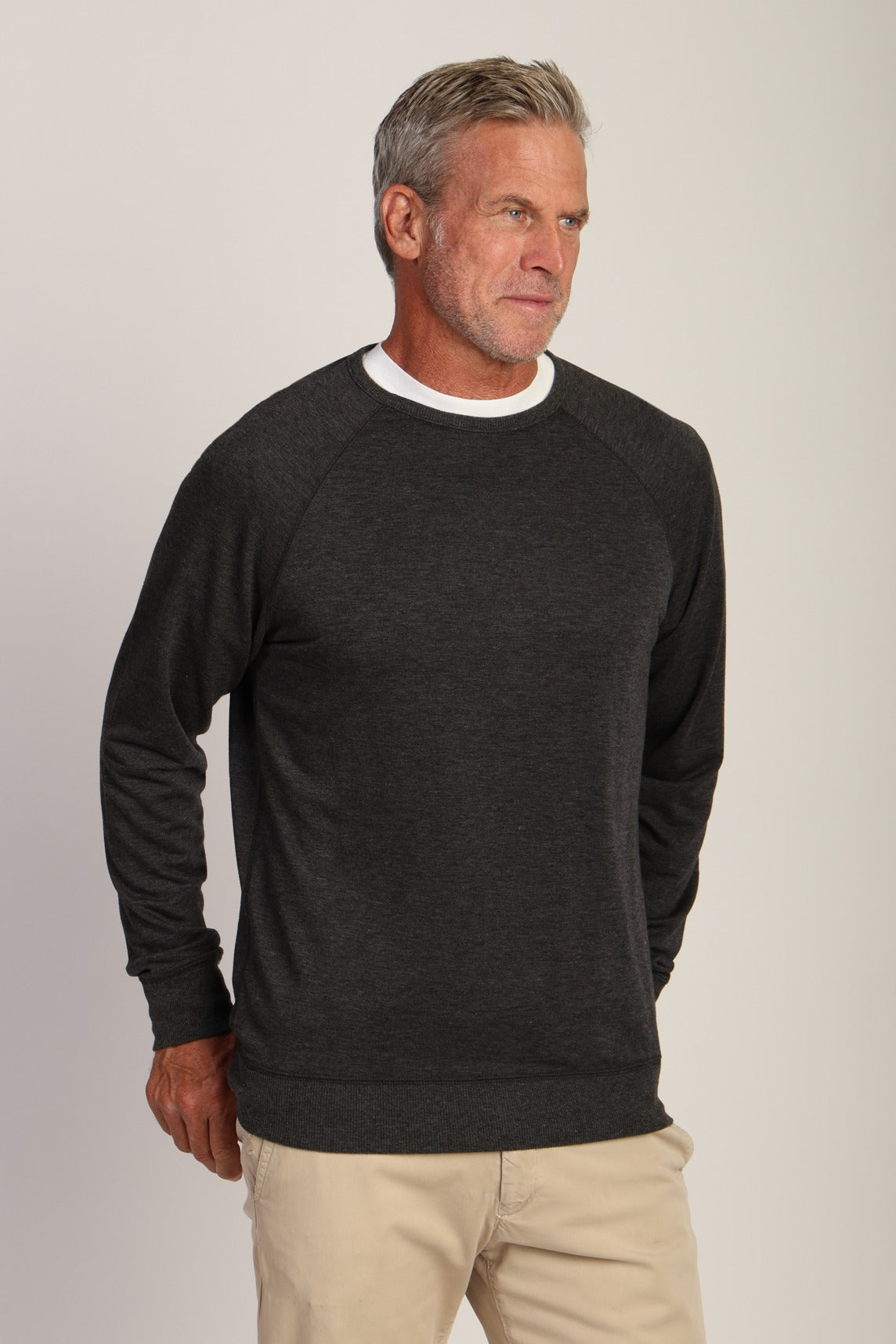 True Grit Raglan Sweatshirt - Vintage Charcoal, a soft, comfortable layer for cool evenings, travel days, campfires and weekend errands