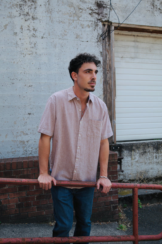 True Grit Washed Melange Linen Shirt - Khaki, a breezy short sleeve shirt for vacations, summer weddings, patio dinners and warm weekends