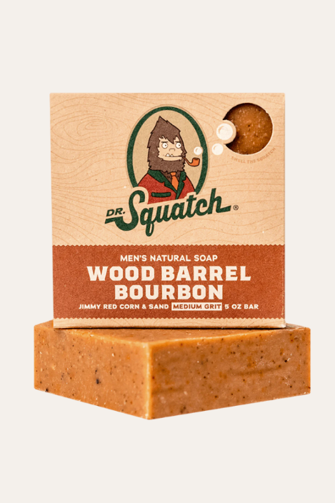 Dr. Squatch Wood Barrel Bourbon soap, an old-fashioned blend of bourbon, spice and oak in a men's bar soap, a great gift for whiskey lovers